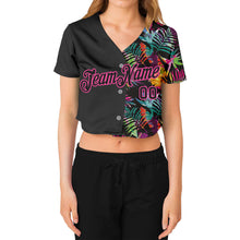 Charger l&#39;image dans la galerie, Custom Women&#39;s Black Black-Pink Tropical Palm Leaves 3D V-Neck Cropped Baseball Jersey
