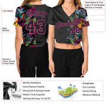 Charger l&#39;image dans la galerie, Custom Women&#39;s Black Black-Pink Tropical Palm Leaves 3D V-Neck Cropped Baseball Jersey
