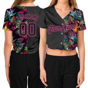 Custom Women's Black Black-Pink Tropical Palm Leaves 3D V-Neck Cropped Baseball Jersey