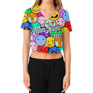 Custom Women's Colorful White-Black Emoji 3D V-Neck Cropped Baseball Jersey