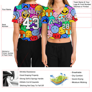 Custom Women's Colorful White-Black Emoji 3D V-Neck Cropped Baseball Jersey