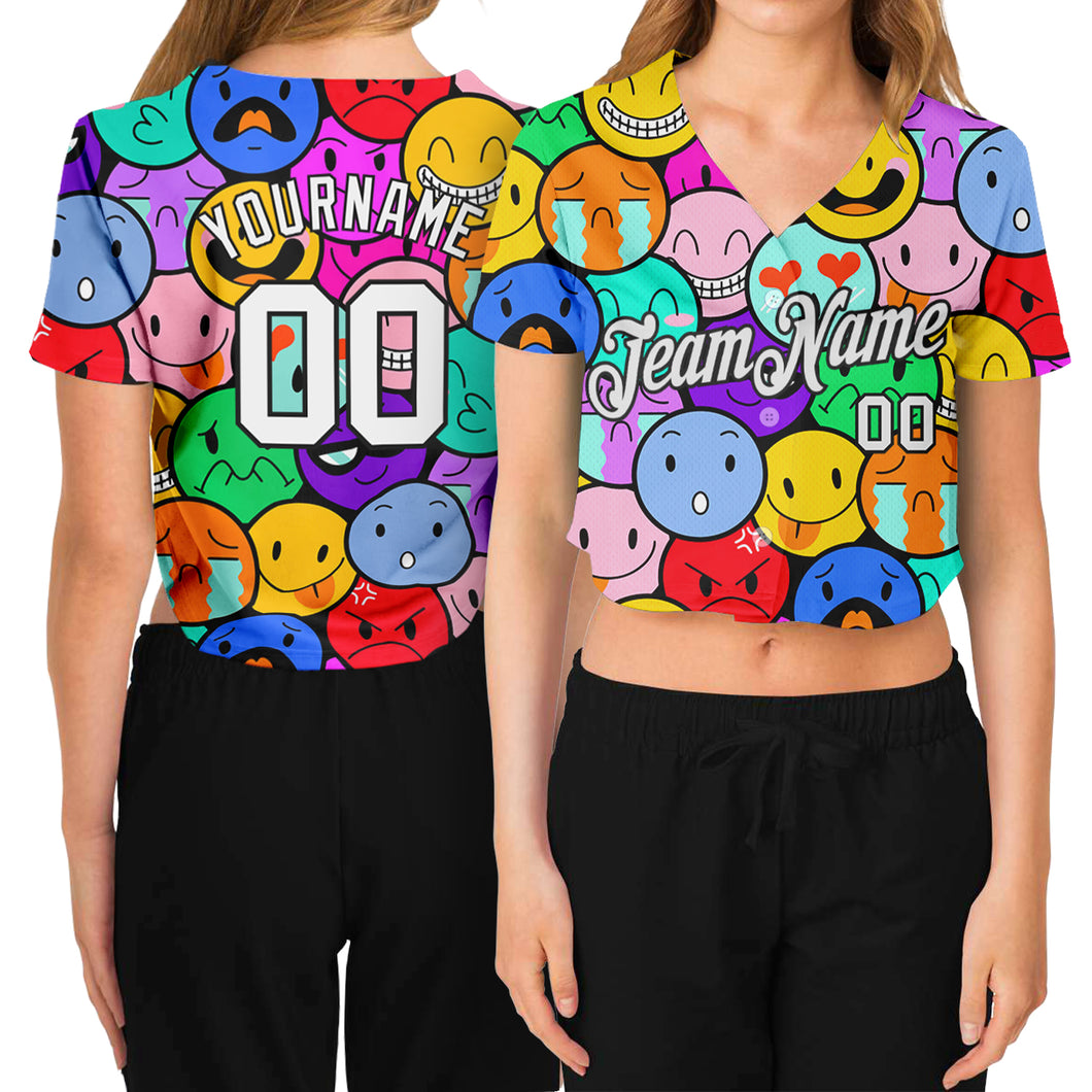 Custom Women's Colorful White-Black Emoji 3D V-Neck Cropped Baseball Jersey