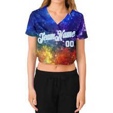 Загрузить изображение в средство просмотра галереи, Custom Women&#39;s Galactic White-Light Blue 3D V-Neck Cropped Baseball Jersey
