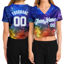 Загрузить изображение в средство просмотра галереи, Custom Women&#39;s Galactic White-Light Blue 3D V-Neck Cropped Baseball Jersey
