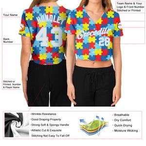 Custom Women's Autism Awareness Puzzle Pieces White-Light Blue 3D V-Neck Cropped Baseball Jersey