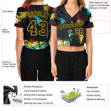 Загрузить изображение в средство просмотра галереи, Custom Women&#39;s Graffiti Pattern Black-Gold 3D V-Neck Cropped Baseball Jersey
