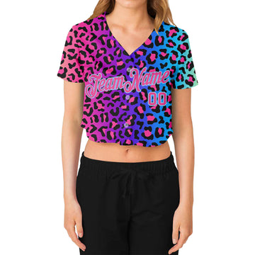 Custom Women's Purple Pink-Light Blue Leopard 3D V-Neck Cropped Baseball Jersey