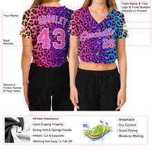 Загрузить изображение в средство просмотра галереи, Custom Women&#39;s Purple Pink-Light Blue Leopard 3D V-Neck Cropped Baseball Jersey
