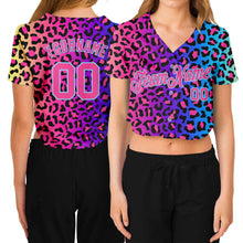 Загрузить изображение в средство просмотра галереи, Custom Women&#39;s Purple Pink-Light Blue Leopard 3D V-Neck Cropped Baseball Jersey
