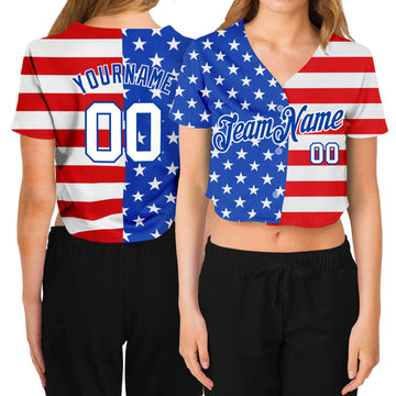 Custom Women's Royal White-Red American Flag Fashion 3D V-Neck Cropped Baseball Jersey