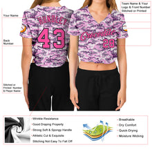 Charger l&#39;image dans la galerie, Custom Women&#39;s Camo Pink-Black Salute To Service V-Neck Cropped Baseball Jersey
