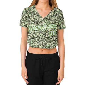 Custom Women's Green White-Neon Green Dollar 3D V-Neck Cropped Baseball Jersey