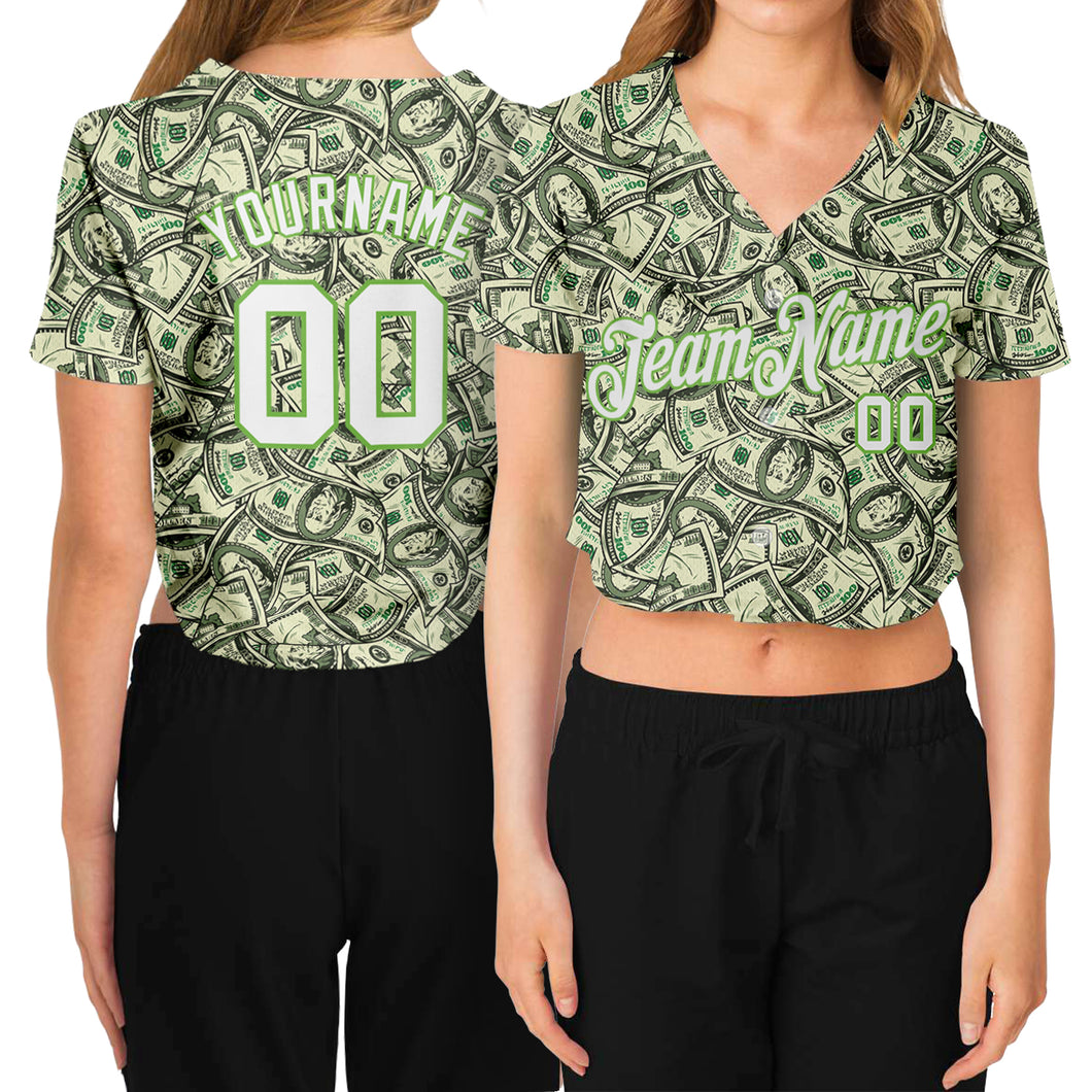 Custom Women's Green White-Neon Green Dollar 3D V-Neck Cropped Baseball Jersey