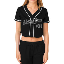 Загрузить изображение в средство просмотра галереи, Custom Women&#39;s Black Black-White V-Neck Cropped Baseball Jersey
