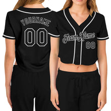 Загрузить изображение в средство просмотра галереи, Custom Women&#39;s Black Black-White V-Neck Cropped Baseball Jersey
