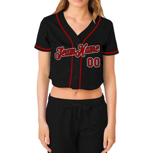 Custom Women's Black Red-White V-Neck Cropped Baseball Jersey