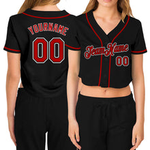 Загрузить изображение в средство просмотра галереи, Custom Women&#39;s Black Red-White V-Neck Cropped Baseball Jersey
