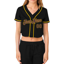 Загрузить изображение в средство просмотра галереи, Custom Women&#39;s Black Purple-Gold V-Neck Cropped Baseball Jersey
