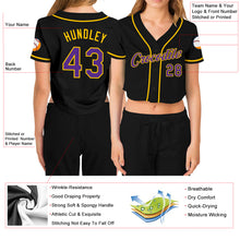 Загрузить изображение в средство просмотра галереи, Custom Women&#39;s Black Purple-Gold V-Neck Cropped Baseball Jersey
