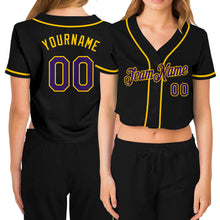 Загрузить изображение в средство просмотра галереи, Custom Women&#39;s Black Purple-Gold V-Neck Cropped Baseball Jersey
