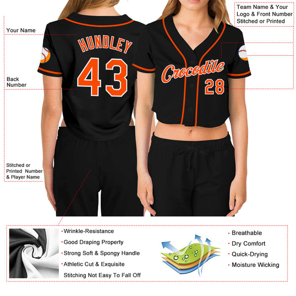 Custom Women's Black Orange-White V-Neck Cropped Baseball Jersey Discount