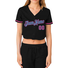 Загрузить изображение в средство просмотра галереи, Custom Women&#39;s Black Pink-Light Blue V-Neck Cropped Baseball Jersey
