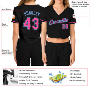 Custom Women's Black Pink-Light Blue V-Neck Cropped Baseball Jersey