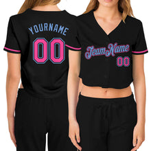 Загрузить изображение в средство просмотра галереи, Custom Women&#39;s Black Pink-Light Blue V-Neck Cropped Baseball Jersey
