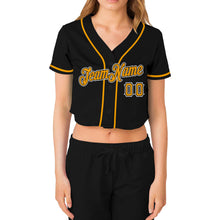 Загрузить изображение в средство просмотра галереи, Custom Women&#39;s Black Gold-White V-Neck Cropped Baseball Jersey
