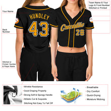 Загрузить изображение в средство просмотра галереи, Custom Women&#39;s Black Gold-White V-Neck Cropped Baseball Jersey
