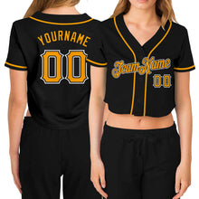 Загрузить изображение в средство просмотра галереи, Custom Women&#39;s Black Gold-White V-Neck Cropped Baseball Jersey
