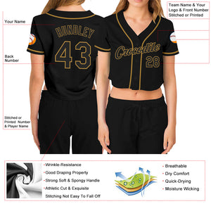 Custom Women's Black Black-Old Gold V-Neck Cropped Baseball Jersey