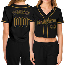 Загрузить изображение в средство просмотра галереи, Custom Women&#39;s Black Black-Old Gold V-Neck Cropped Baseball Jersey
