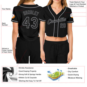 Custom Women's Black Black-Gray V-Neck Cropped Baseball Jersey