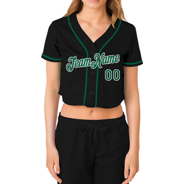 Custom Women's Black Kelly Green-White V-Neck Cropped Baseball Jersey