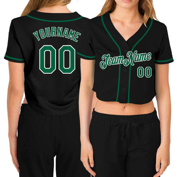 Custom Women's Black Kelly Green-White V-Neck Cropped Baseball Jersey