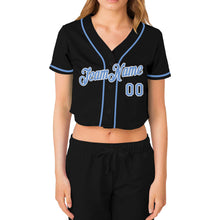 Загрузить изображение в средство просмотра галереи, Custom Women&#39;s Black Light Blue-White V-Neck Cropped Baseball Jersey
