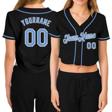 Загрузить изображение в средство просмотра галереи, Custom Women&#39;s Black Light Blue-White V-Neck Cropped Baseball Jersey
