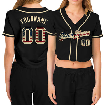 Custom Women's Black Vintage USA Flag-Cream V-Neck Cropped Baseball Jersey