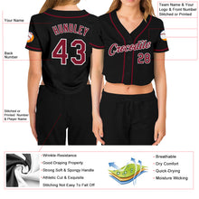 Laden Sie das Bild in den Galerie-Viewer, Custom Women&#39;s Black Crimson-White V-Neck Cropped Baseball Jersey
