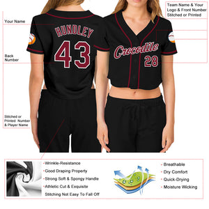 Custom Women's Black Crimson-White V-Neck Cropped Baseball Jersey