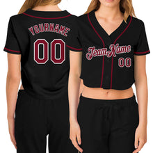 Laden Sie das Bild in den Galerie-Viewer, Custom Women&#39;s Black Crimson-White V-Neck Cropped Baseball Jersey
