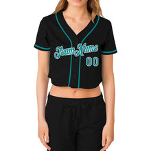 Загрузить изображение в средство просмотра галереи, Custom Women&#39;s Black Aqua-White V-Neck Cropped Baseball Jersey
