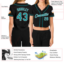 Загрузить изображение в средство просмотра галереи, Custom Women&#39;s Black Aqua-White V-Neck Cropped Baseball Jersey
