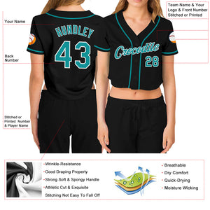 Custom Women's Black Aqua-White V-Neck Cropped Baseball Jersey