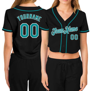 Custom Women's Black Aqua-White V-Neck Cropped Baseball Jersey