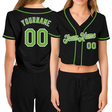 Загрузить изображение в средство просмотра галереи, Custom Women&#39;s Black Neon Green-White V-Neck Cropped Baseball Jersey
