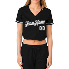 Laden Sie das Bild in den Galerie-Viewer, Custom Women&#39;s Black White-Gray V-Neck Cropped Baseball Jersey
