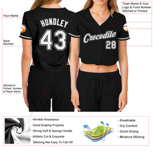 Custom Women's Black White-Gray V-Neck Cropped Baseball Jersey