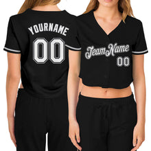 Laden Sie das Bild in den Galerie-Viewer, Custom Women&#39;s Black White-Gray V-Neck Cropped Baseball Jersey
